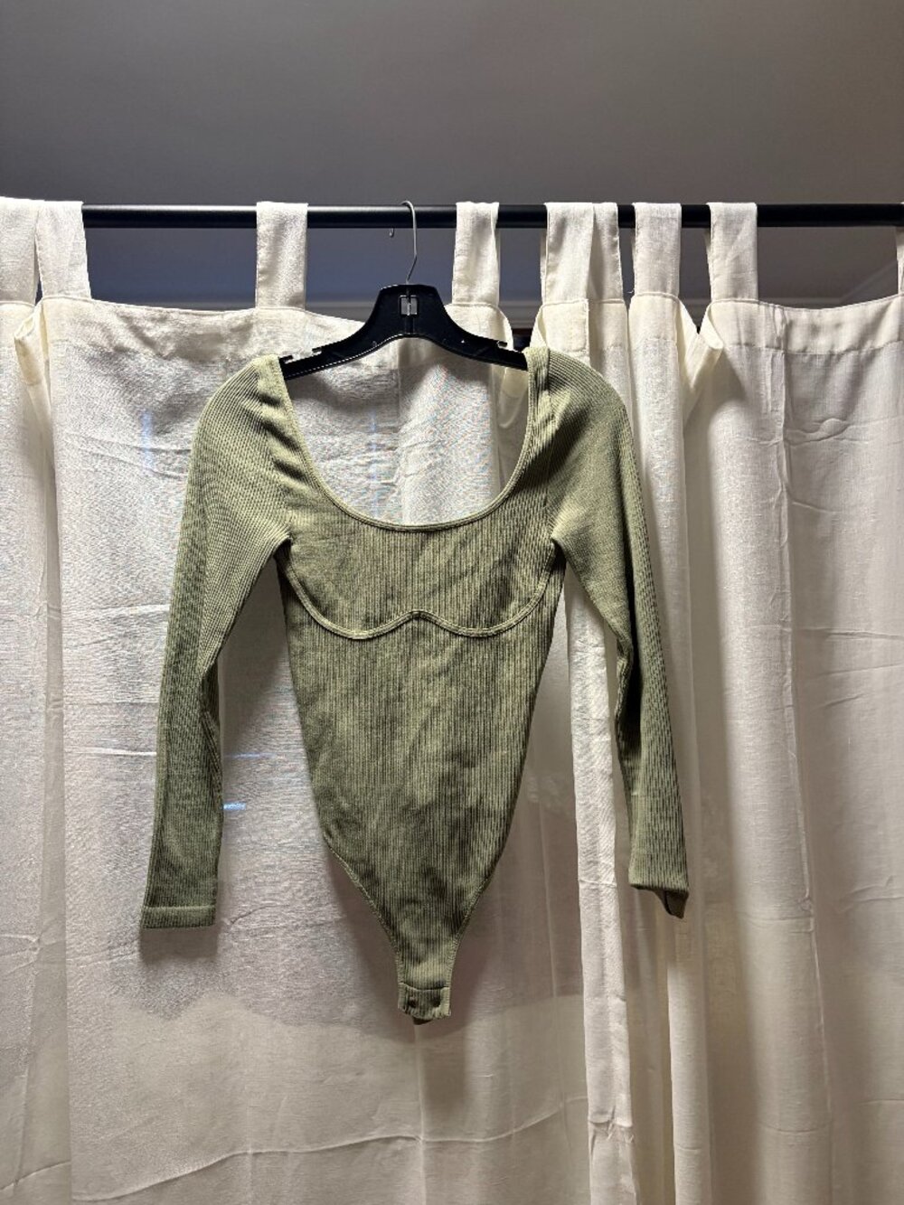Intimately by Free People — Sage Green Ribbed Corset-Seam Bodysuit (XS/S)